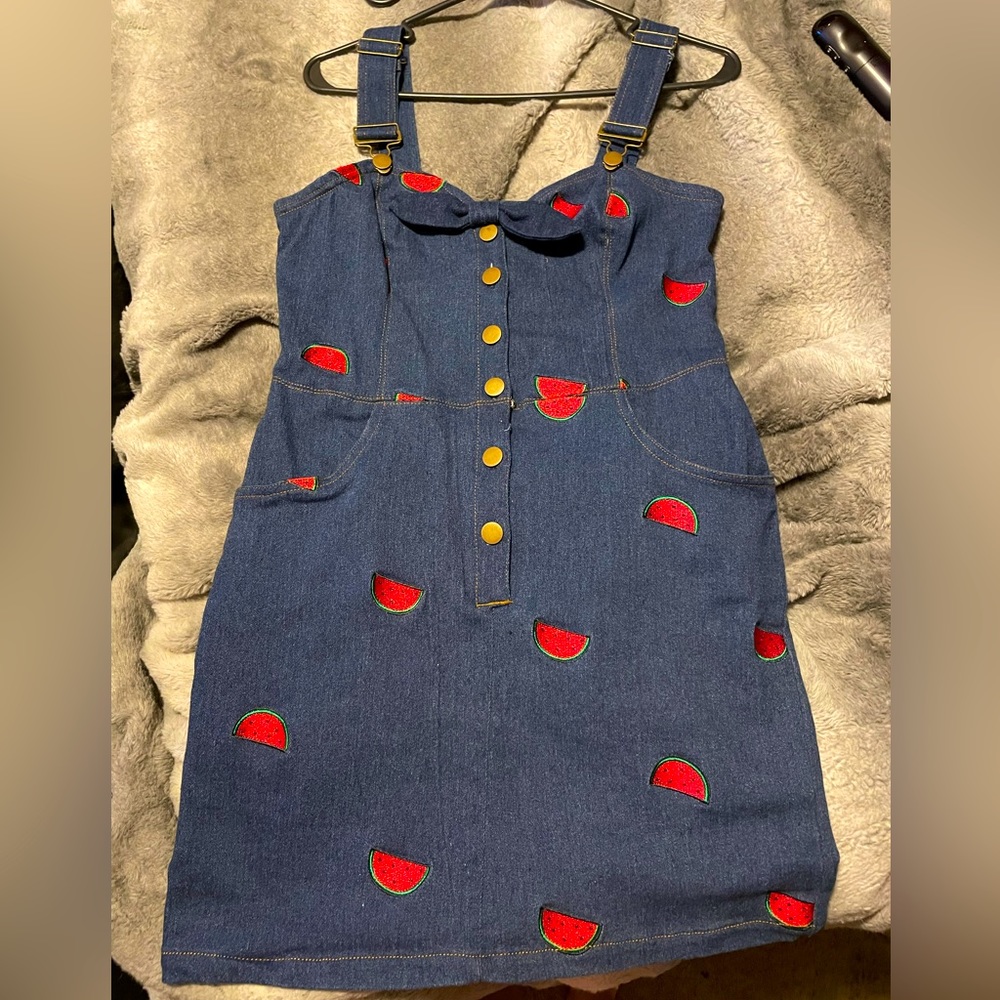 Unique Vintage Pinup Retro Watermelon Print Denim Mini Dress